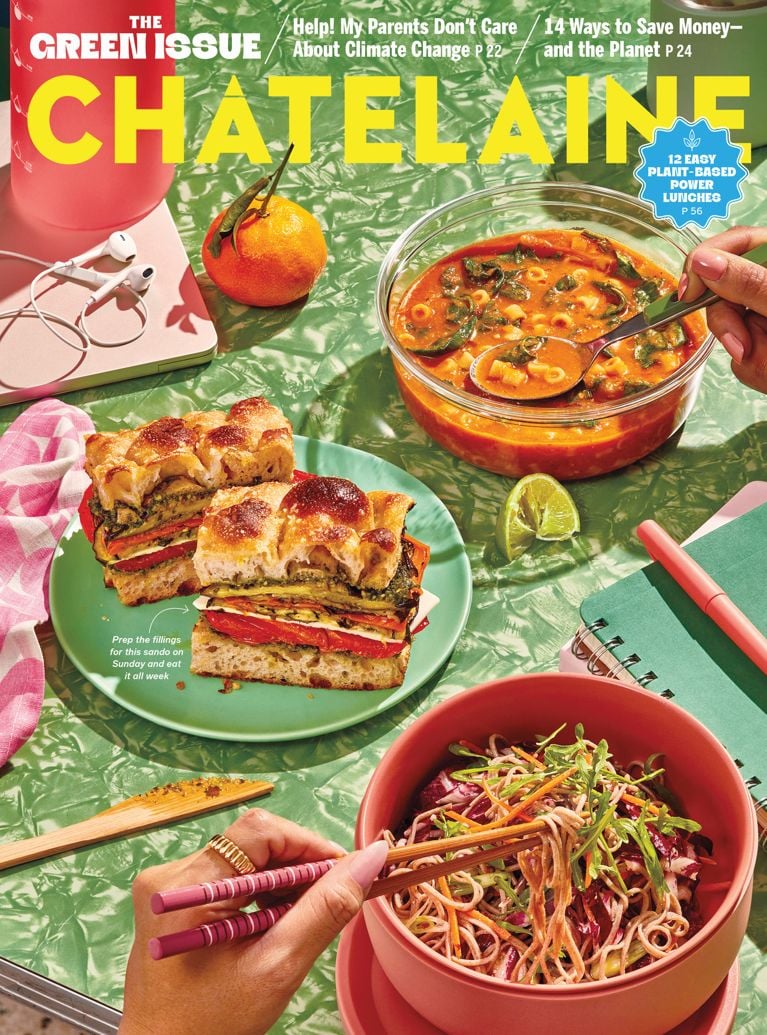 Chatelaine magazine Spring 2024 cover, reading the Green Issue, depicting a sandwich and a bowl of soup and salad and hands reaching into the bowls with chopsticks and a fork