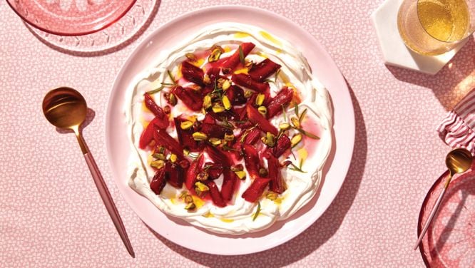 Roasted Vanilla and Rosemary Rhubarb with Sugared Pistachios